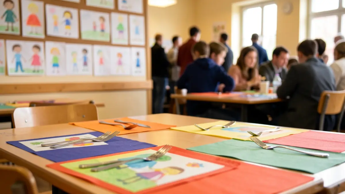 Generic image of a school dining table with colorful placemats and cutlery, with children's drawings in the background.