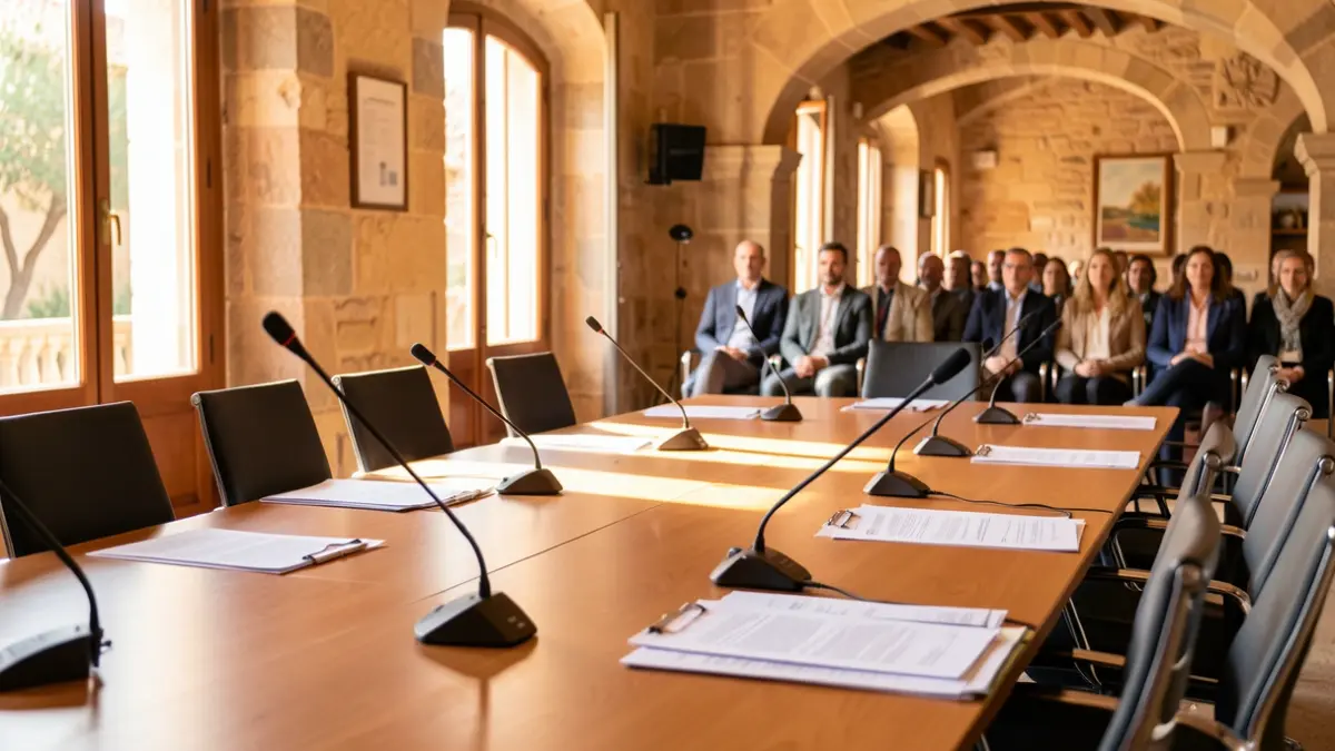 Imatge genèrica d'una sala de reunions amb una taula, micròfons i documents.