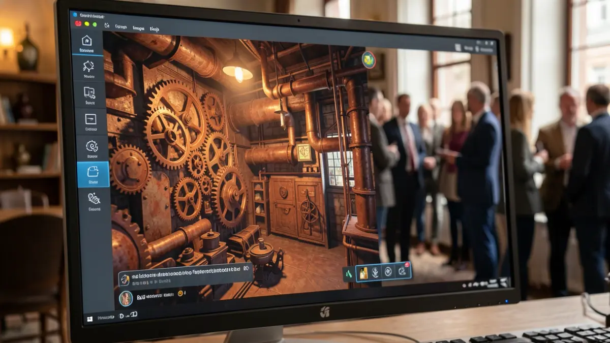 Imagen genérica de una pantalla de escape room virtual con temática industrial.