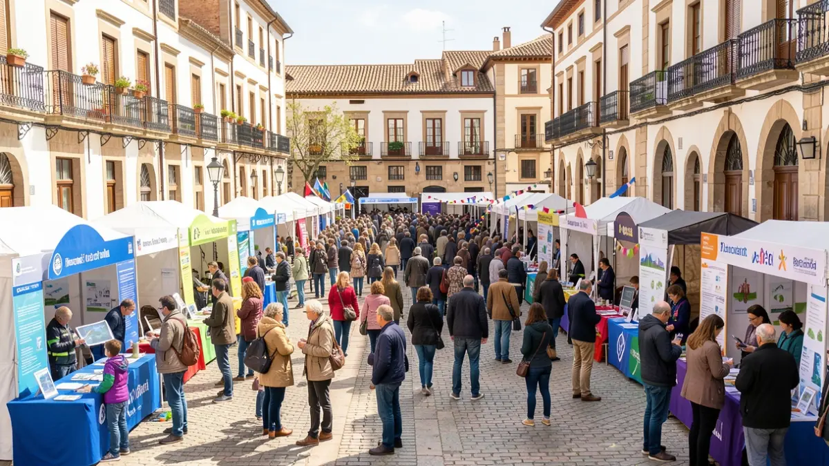 Imatge genèrica d'una fira energètica a una plaça de Catalunya amb participants i estands informatius.