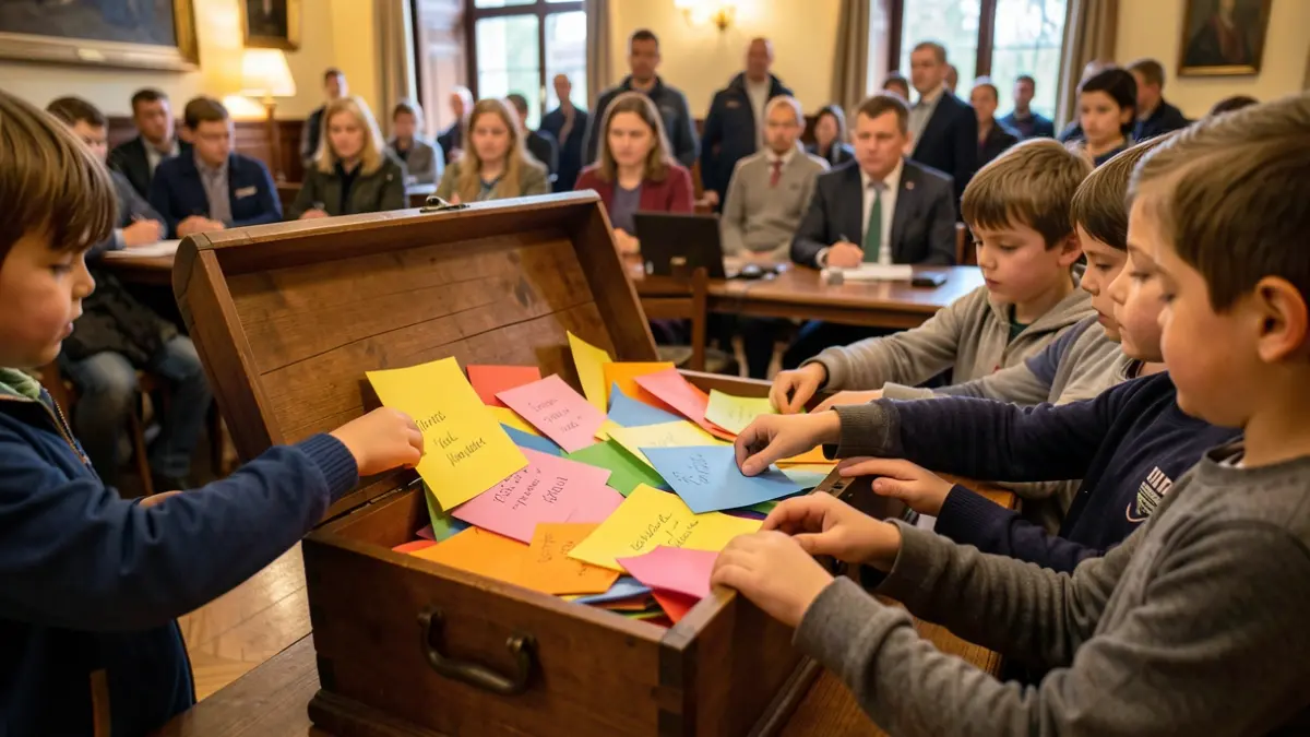 Imagen genérica de manos infantiles colocando ideas de papel en un cofre de madera.