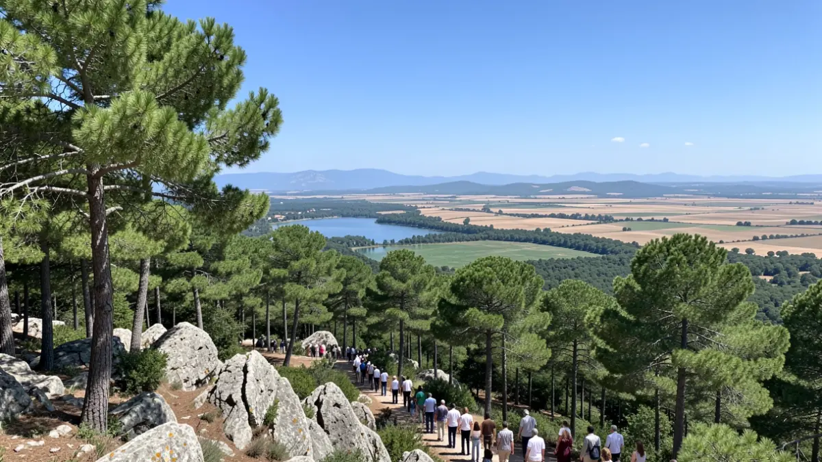 Imagen genérica de bosques mediterráneos con miradores sobre un estanque y las tierras circundantes.