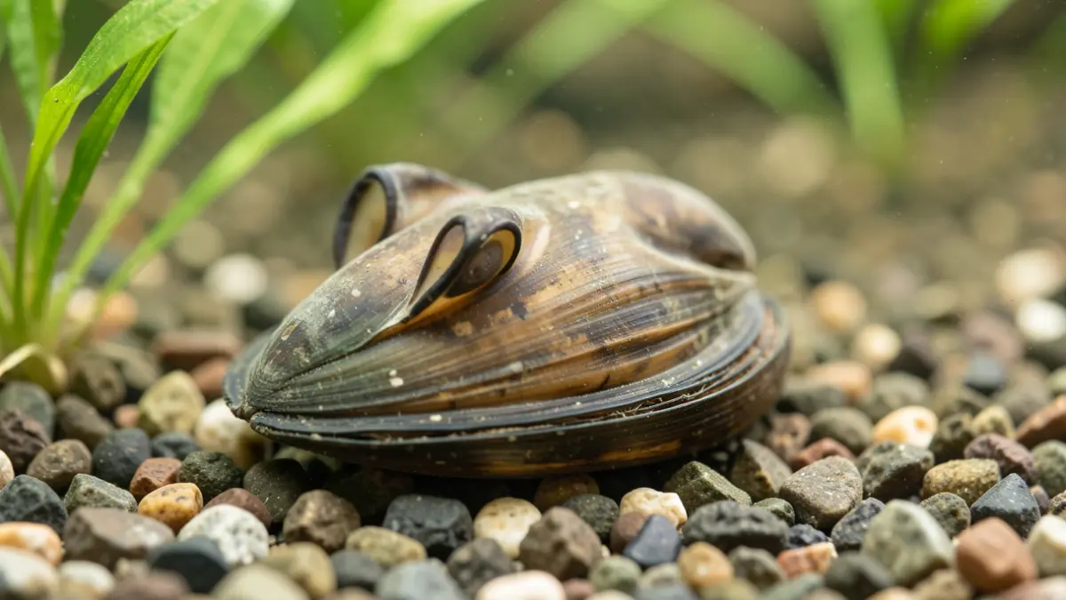 Image of an auricled freshwater mussel (Margaritifera auricularia) in its aquatic habitat.