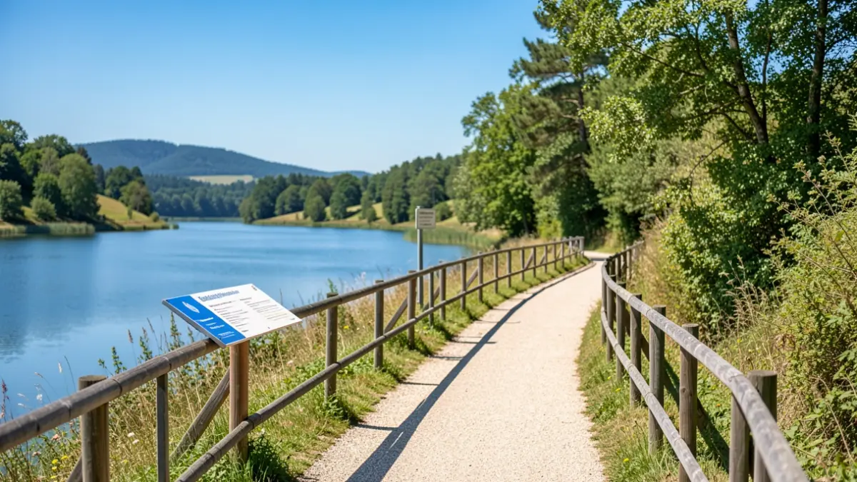 Generic image of a well-maintained natural path around a lake, with signage and railings.
