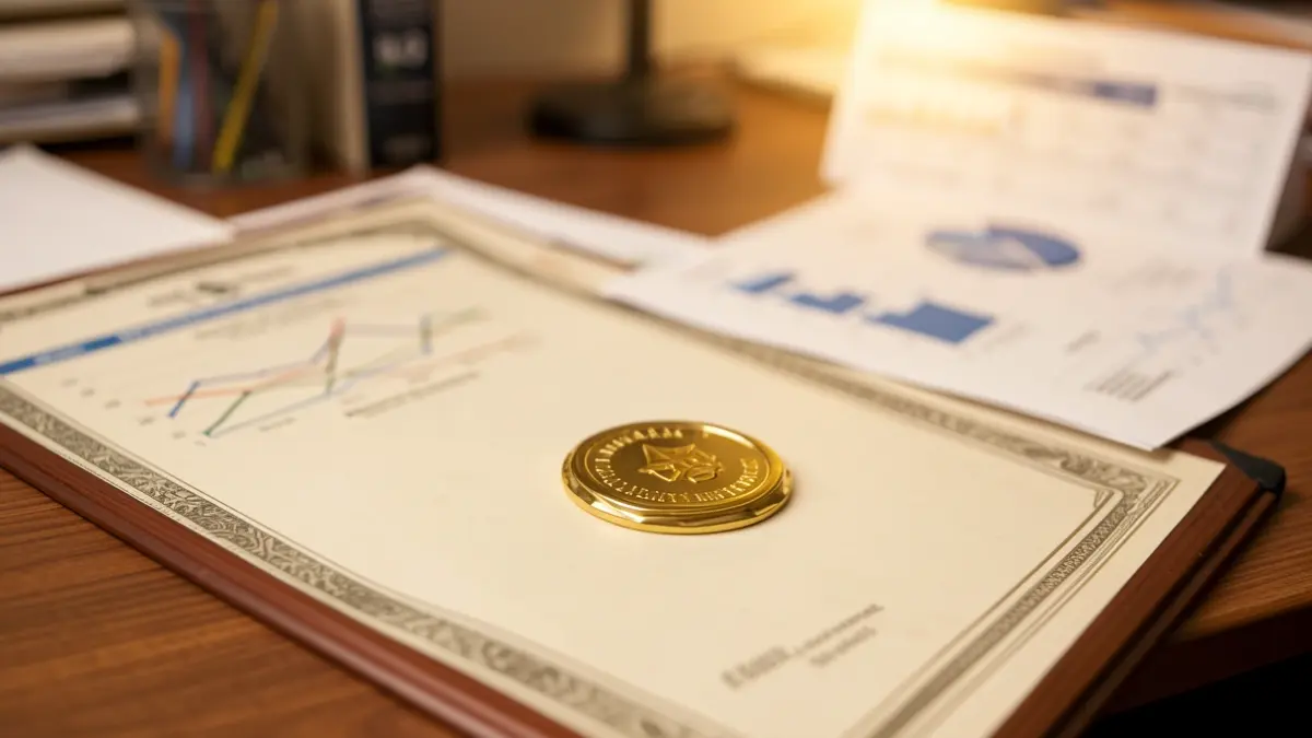 Imatge genèrica d'un diploma de reconeixement hospitalari sobre documents financers.