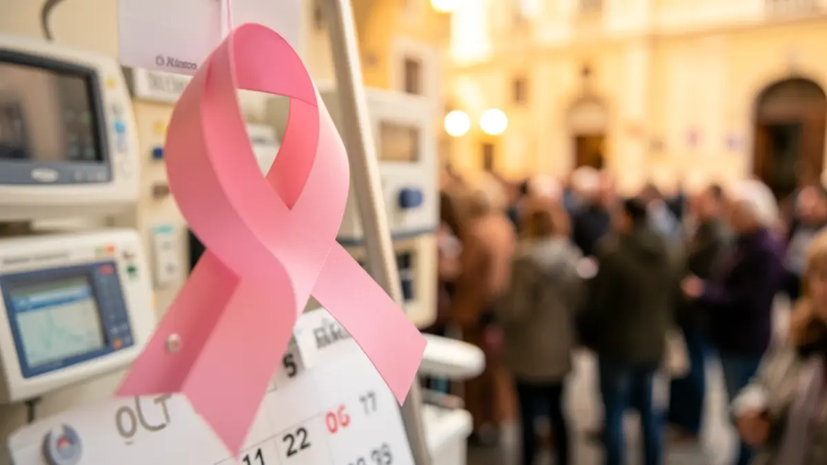 Generic image of a pink ribbon on a blurred background of medical equipment and a calendar showing October.