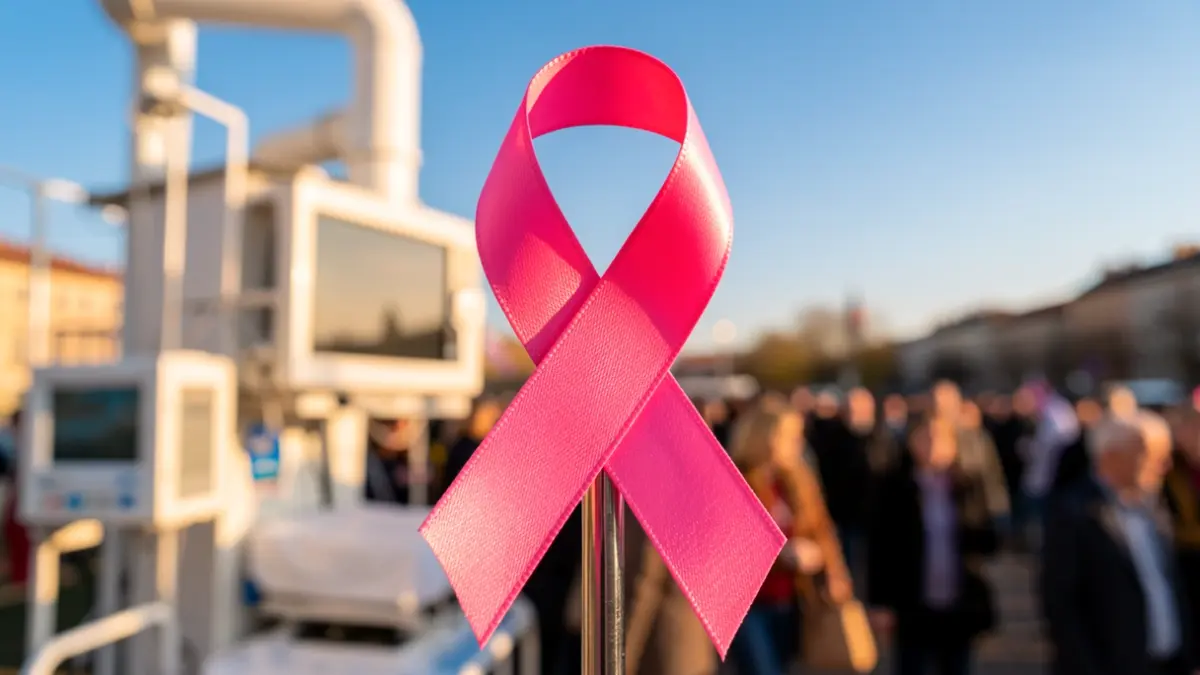 Imatge genèrica d'un llaç rosa sobre un fons difuminat d'equipament mèdic i cel blau.