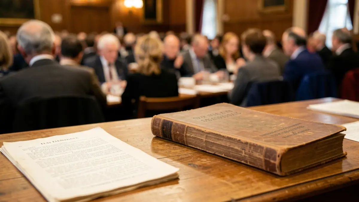 Imatge genèrica de llibres antics de medicina i documents sobre una taula de fusta, amb un fons difuminat d'una sala de conferències històrica.