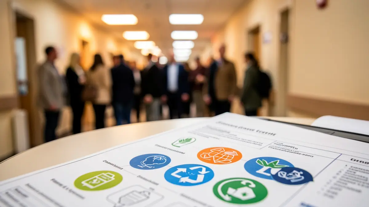 Imatge genèrica d'un document amb icones de sostenibilitat i un fons hospitalari difuminat.