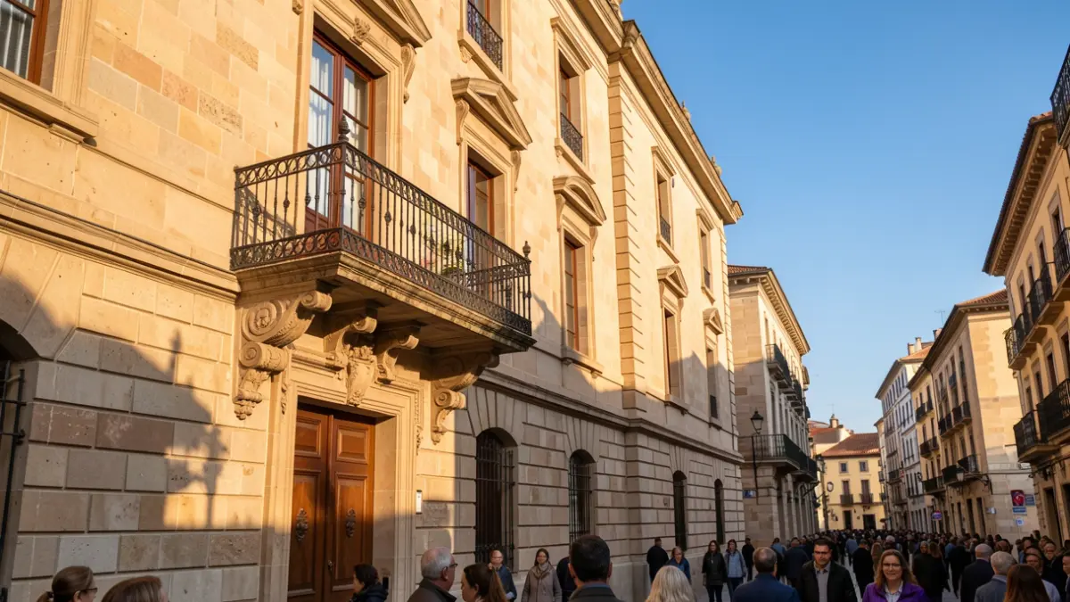 Facade of the Torroella de Montgrí Town Hall with a balcony and blue sky.