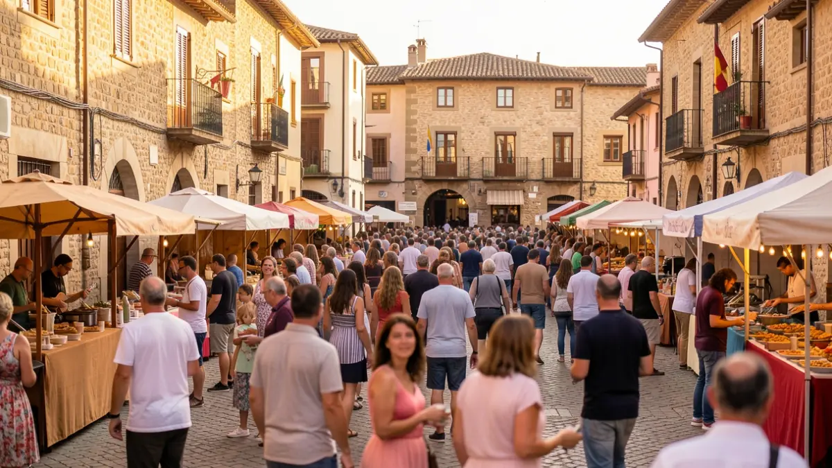 Generic image of an outdoor cultural festival in a Catalan town square, with people enjoying music and stalls.
