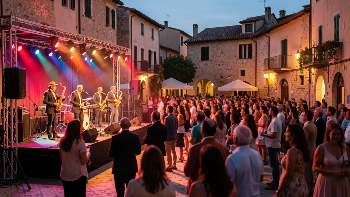 Escena de un festival de jazz en Palafrugell con músicos tocando y público al fondo.