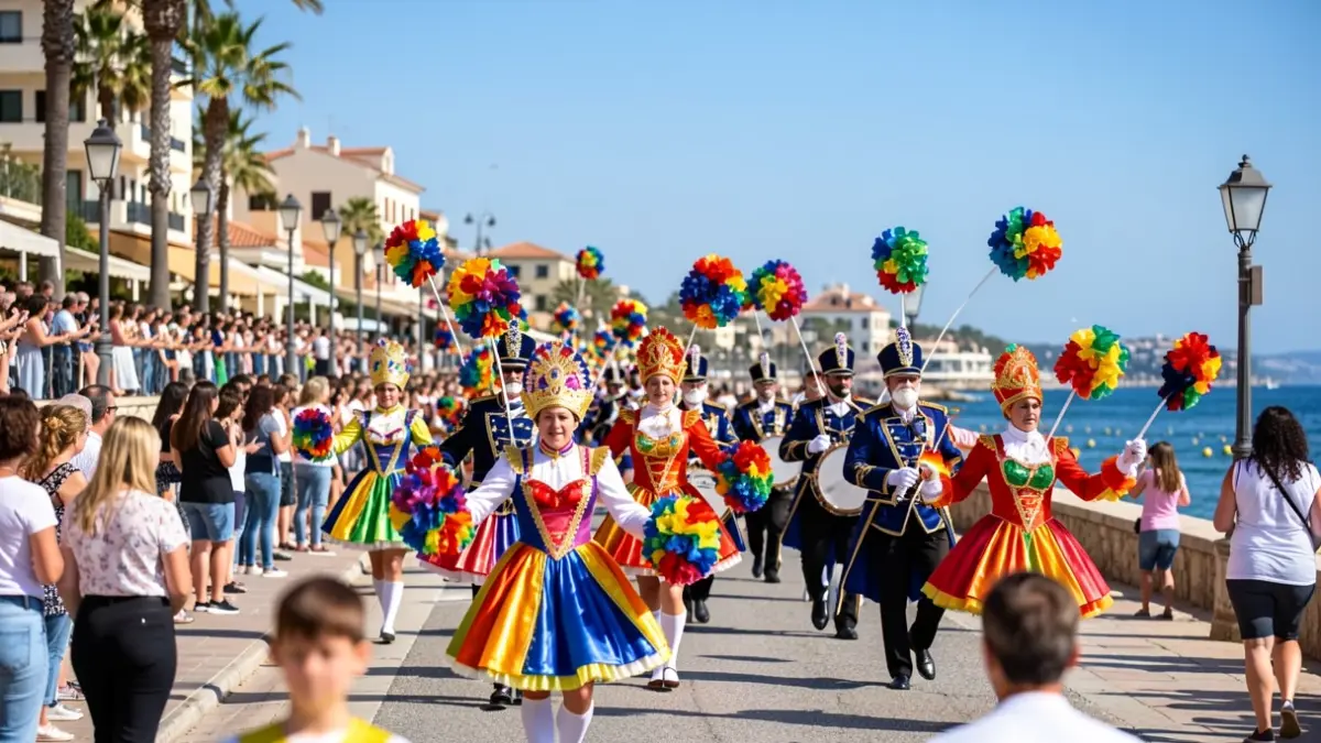 Parade of musical groups and majorettes during a festival in Malgrat de Mar.