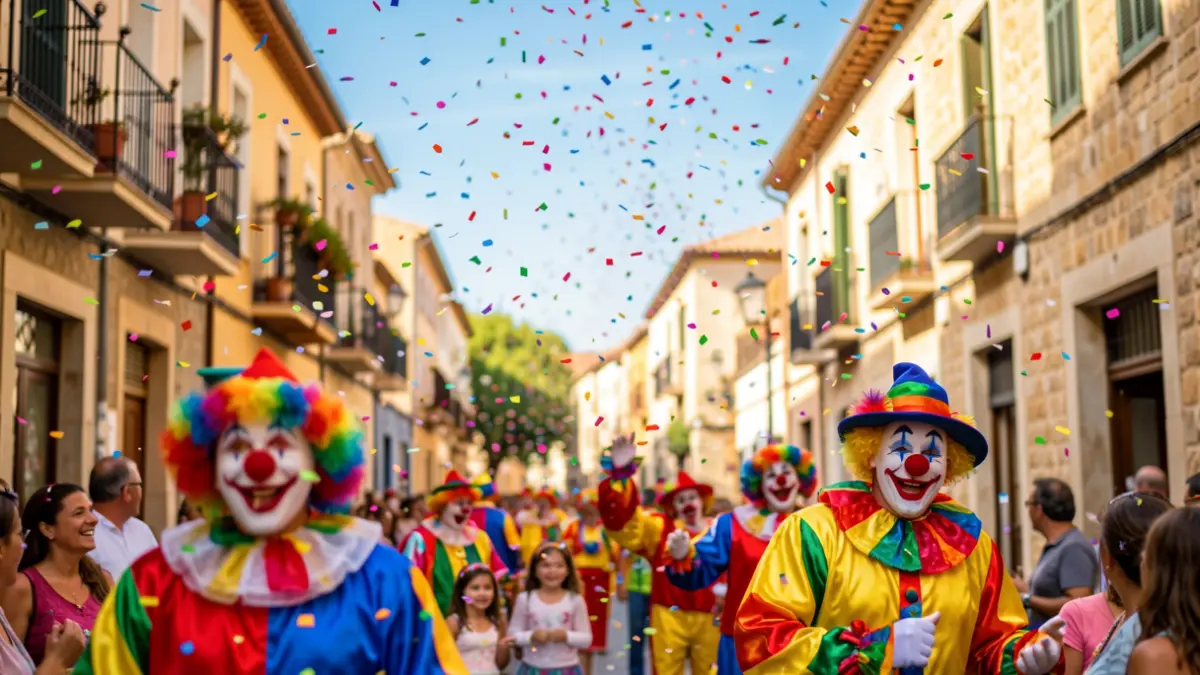 Ambient festiu del Festival Internacional de Payasos de Cornellà amb confeti i gent al carrer.