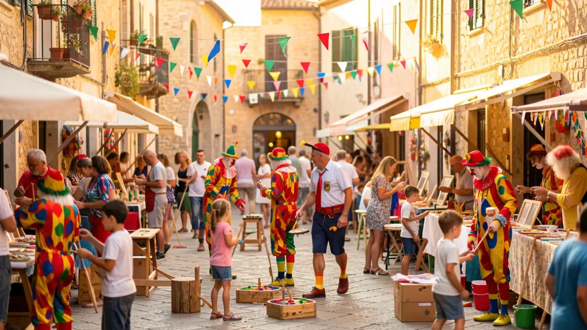 Generic image of a Mediterranean town square during a festival with people enjoying activities.