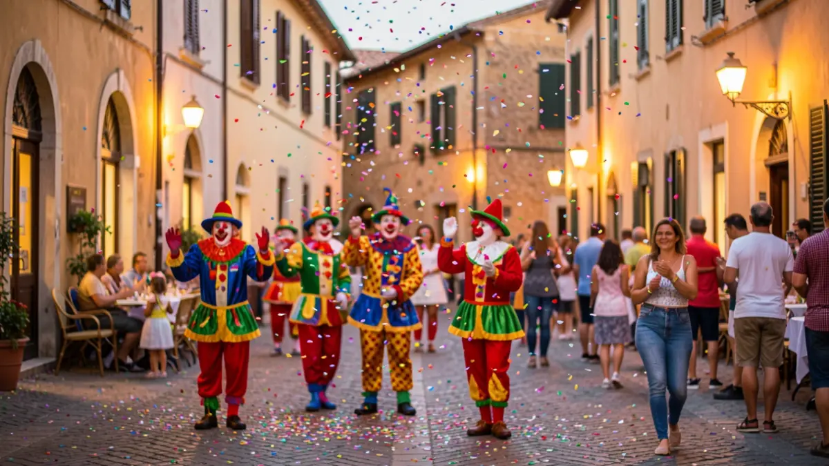 Imagen genérica de una plaza de pueblo mediterráneo durante un festival, con figuras borrosas de payasos y confeti en el aire.