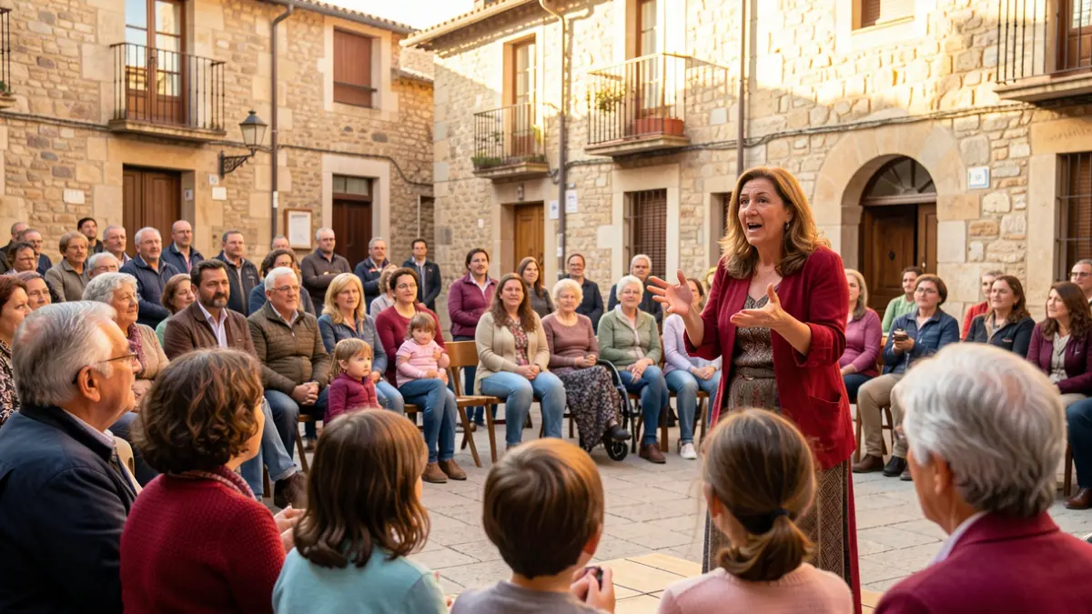 La narradora Susagna Navó contando cuentos en la Plaza Mayor de Sanaüja durante el Festival SegaMots.