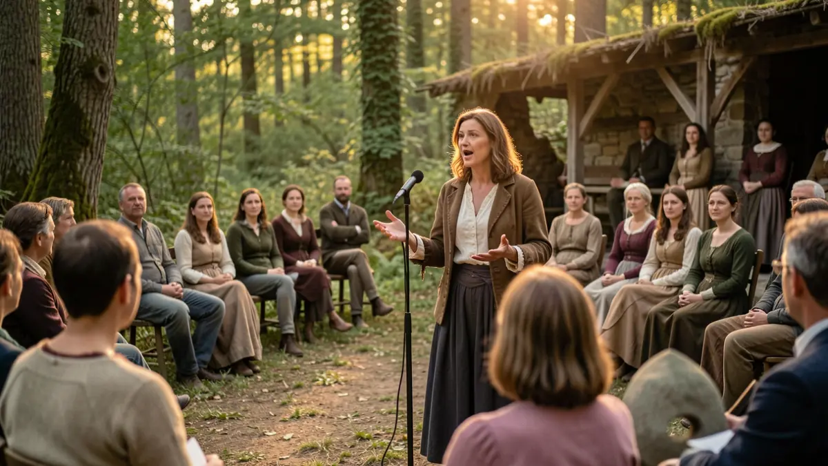 Generic image of a storyteller performing in a natural setting before an audience.