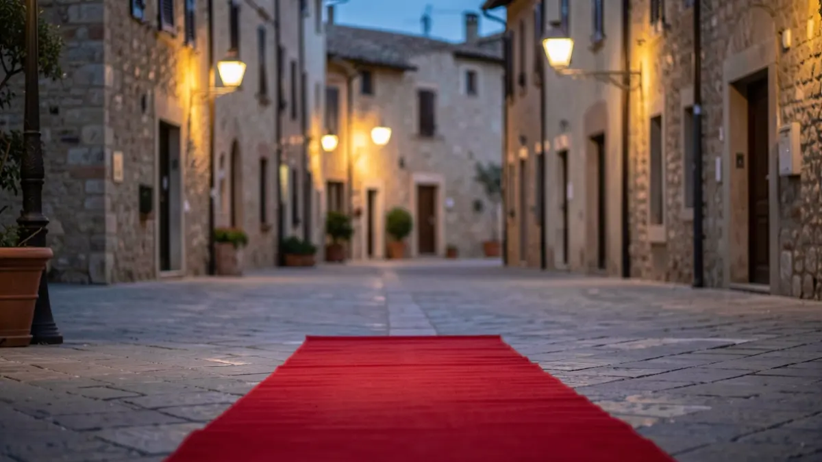 Imagen genérica de una alfombra roja extendida en una calle empedrada de una plaza mediterránea al atardecer, con luces de calle cálidas y edificios tradicionales al fondo.