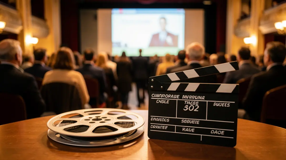 Generic image of a film reel and a clapperboard on a table.