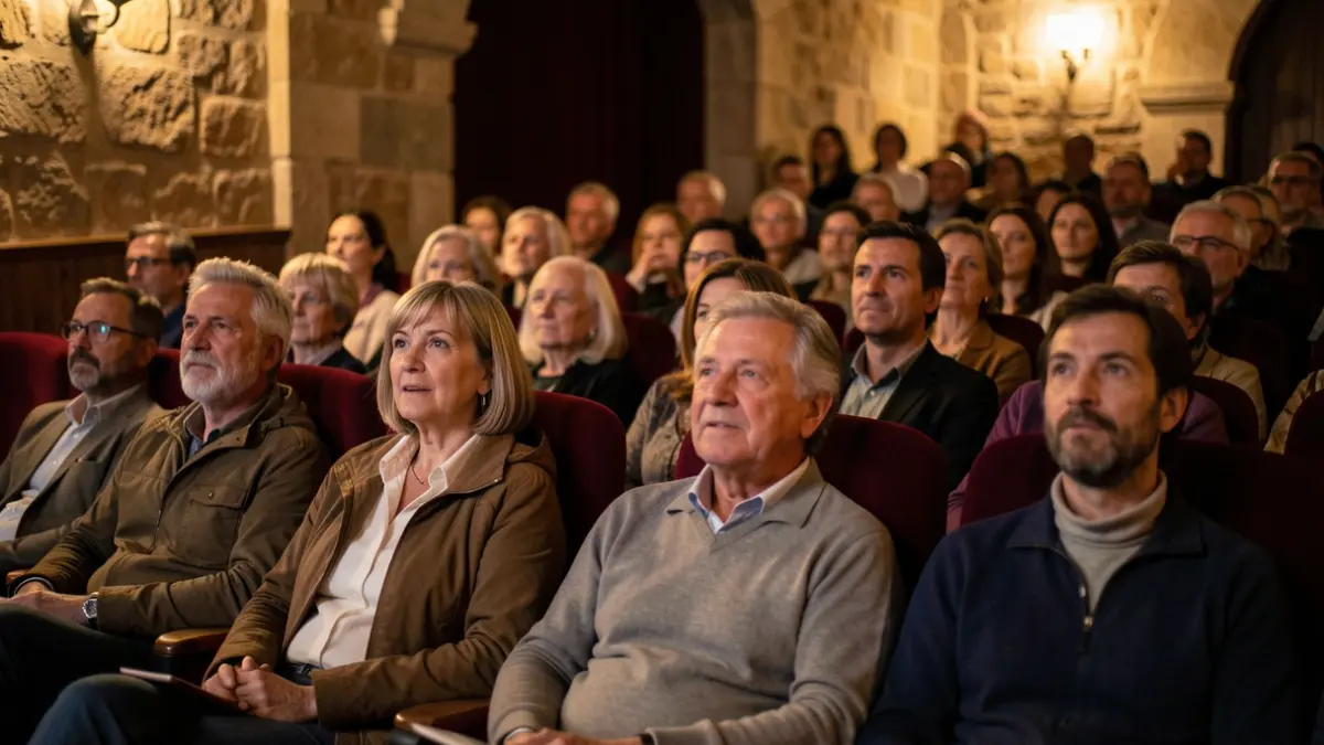 Imatge genèrica d'un grup divers de persones gaudint d'una projecció de cinema en català en un entorn cultural.