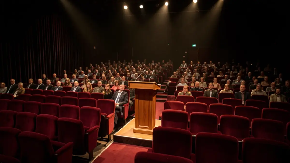 Imatge genèrica d'un auditori de cinema buit amb un escenari il·luminat.