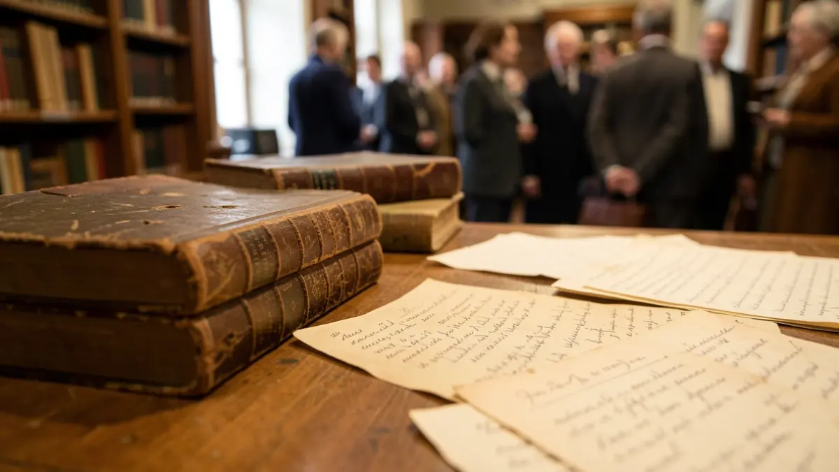 Generic image of old books and handwritten documents on a wooden table.