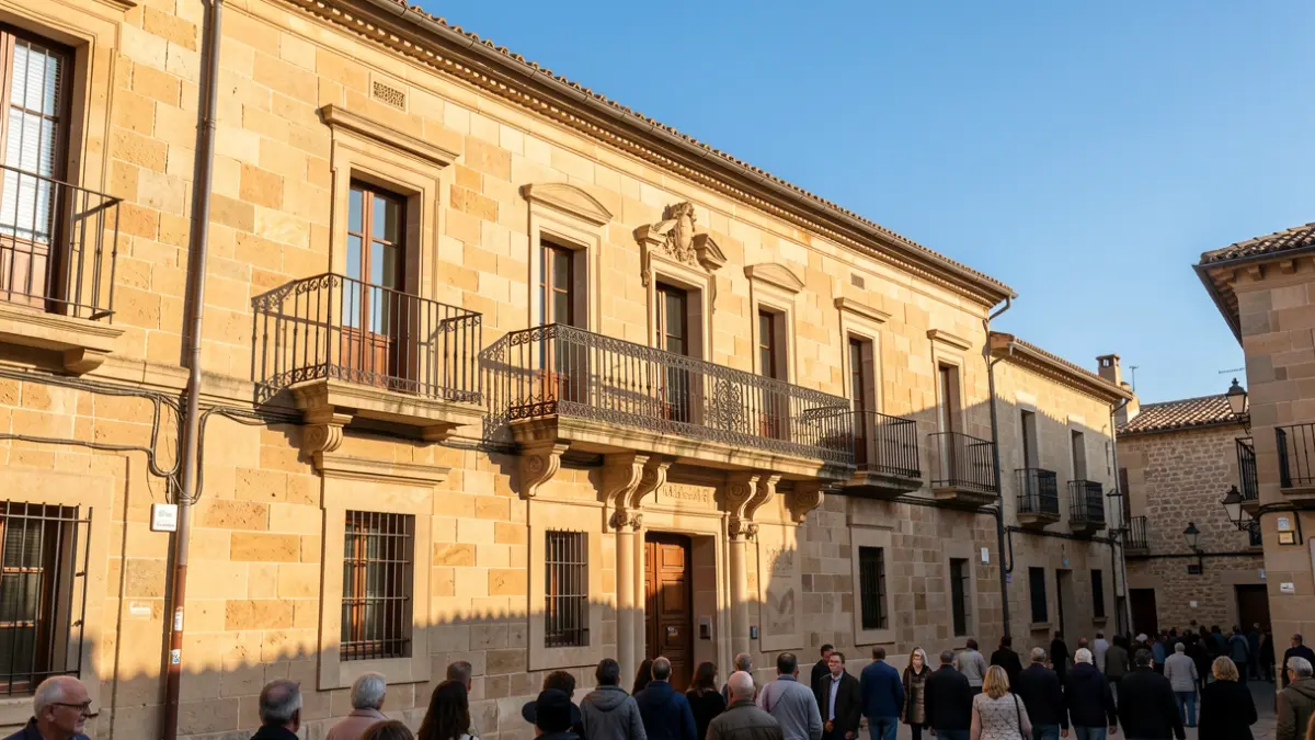 Fachada del Ayuntamiento de Figaró-Montmany con balcón y barandilla de hierro, iluminada por la cálida luz de la tarde.