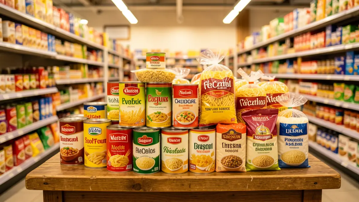 Generic image of non-perishable food stacked on a wooden table.