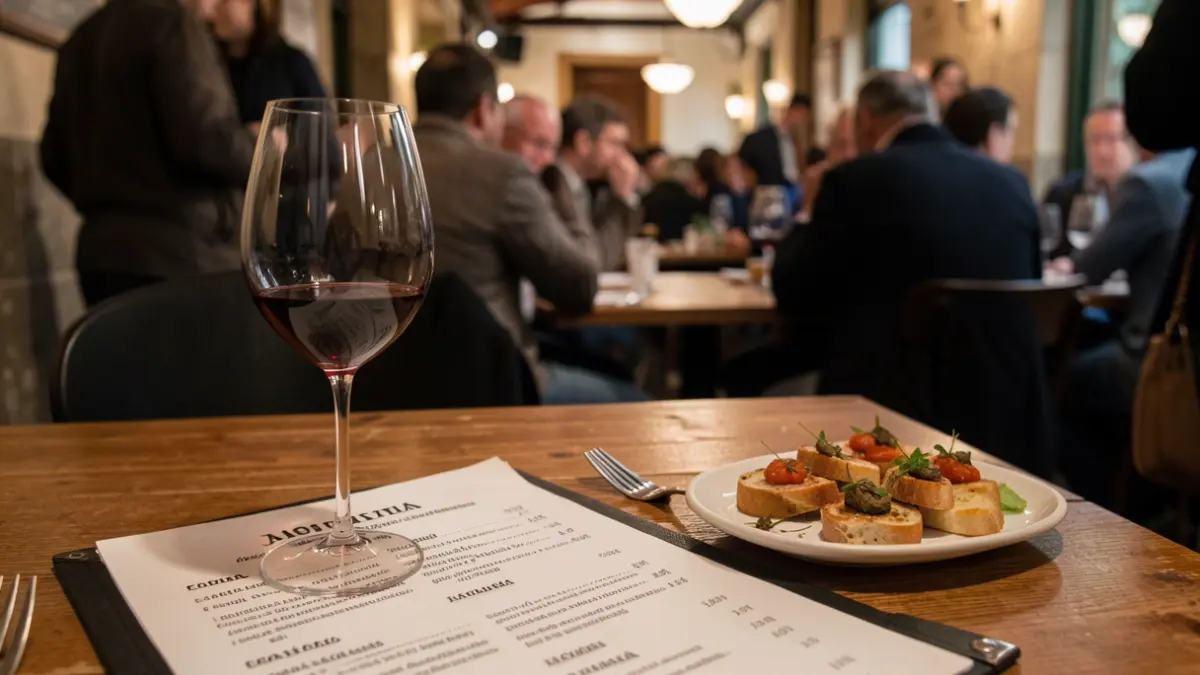 Imatge genèrica d'un menú de restaurant català amb plats en català, una copa de vi i una petita tapa sobre una taula de fusta.