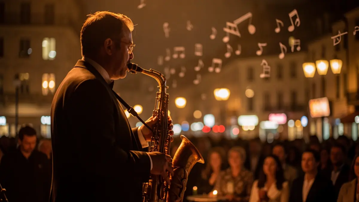 Músico de jazz tocando el saxofón en un escenario con luces difuminadas.