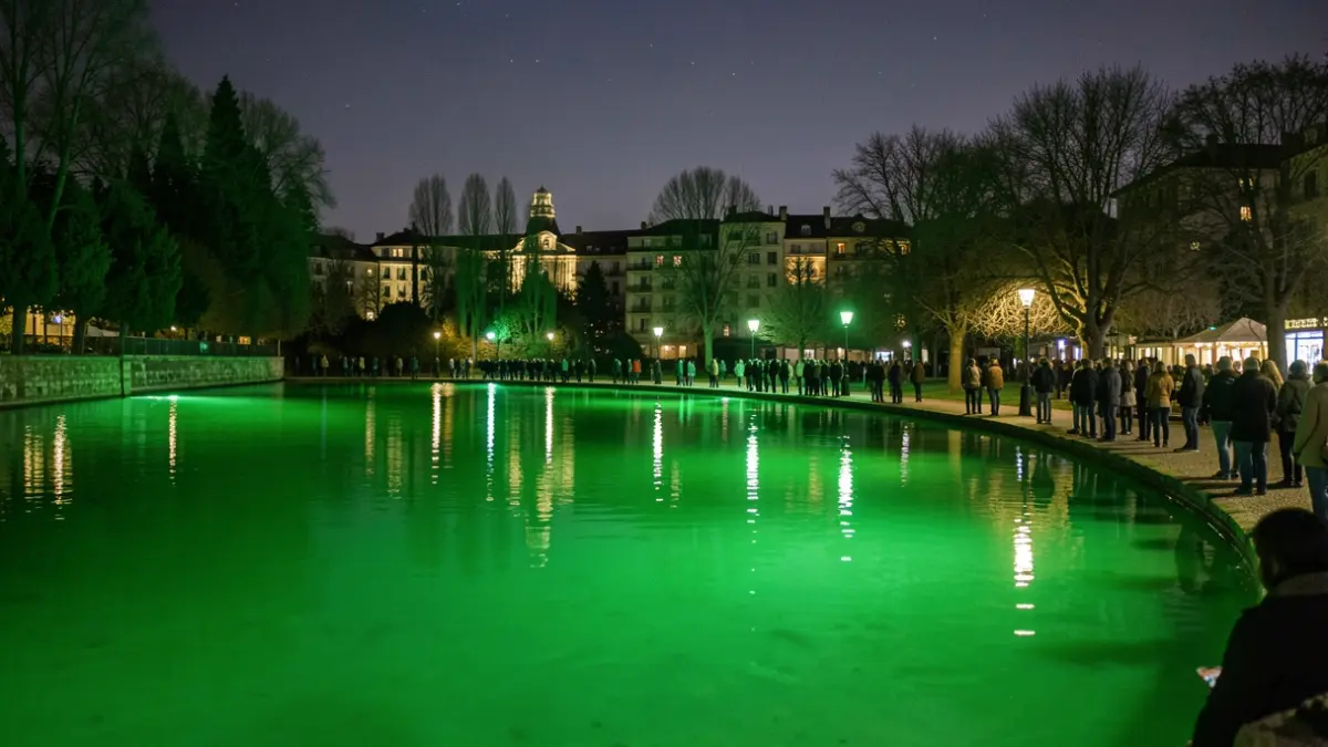 El llac del parc de la Betzuca il·luminat de verd per conscienciar sobre la meningitis.