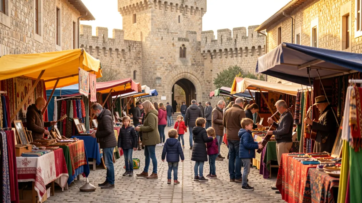 Atmosphere of the Market Castell de Palol with artisan stalls and families enjoying activities.