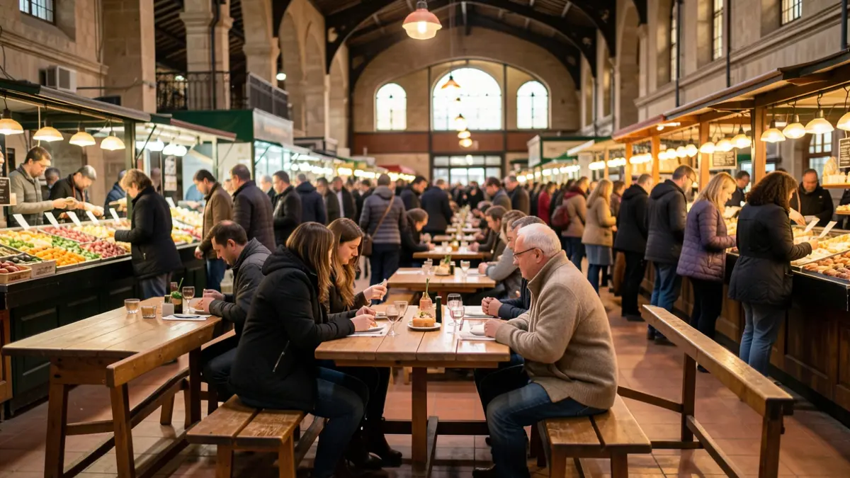 Imagen genérica de una zona de descanso y degustación en un mercado municipal, con mobiliario de madera e iluminación cálida.