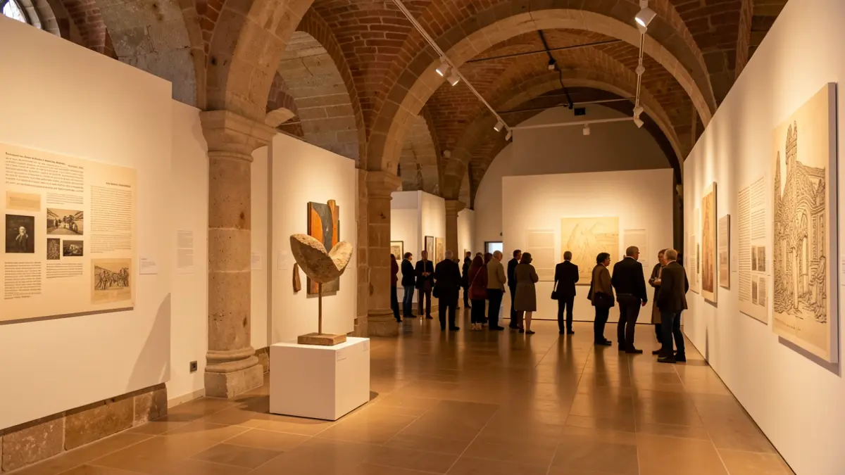 Imagen genérica de una sala de exposiciones de arte con elementos arquitectónicos mediterráneos.