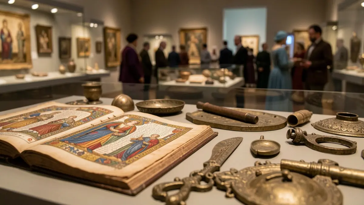 Imatge genèrica de manuscrits medievals il·lustrats i objectes de metall exposats en un museu amb llum càlida.