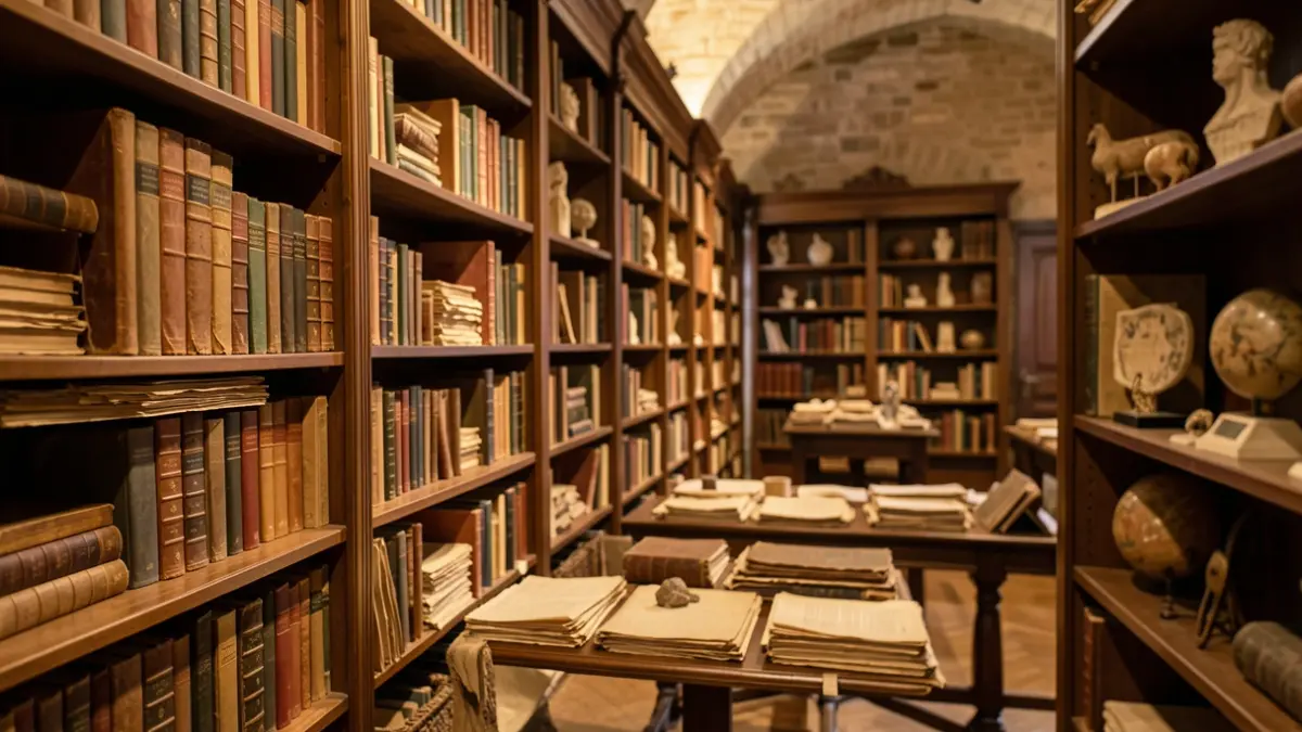 Imatge genèrica d'un interior de museu amb prestatgeries plenes de llibres antics i objectes.