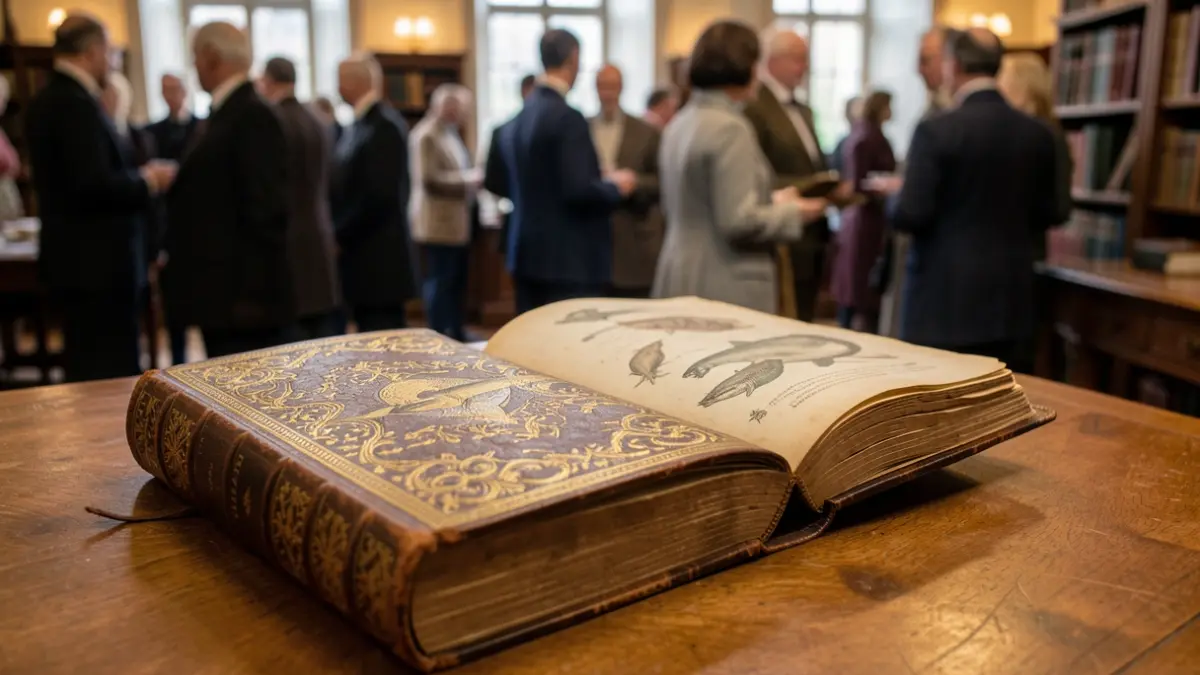 Generic image of an open antique book on a wooden table, with illustrations of marine life on the pages.