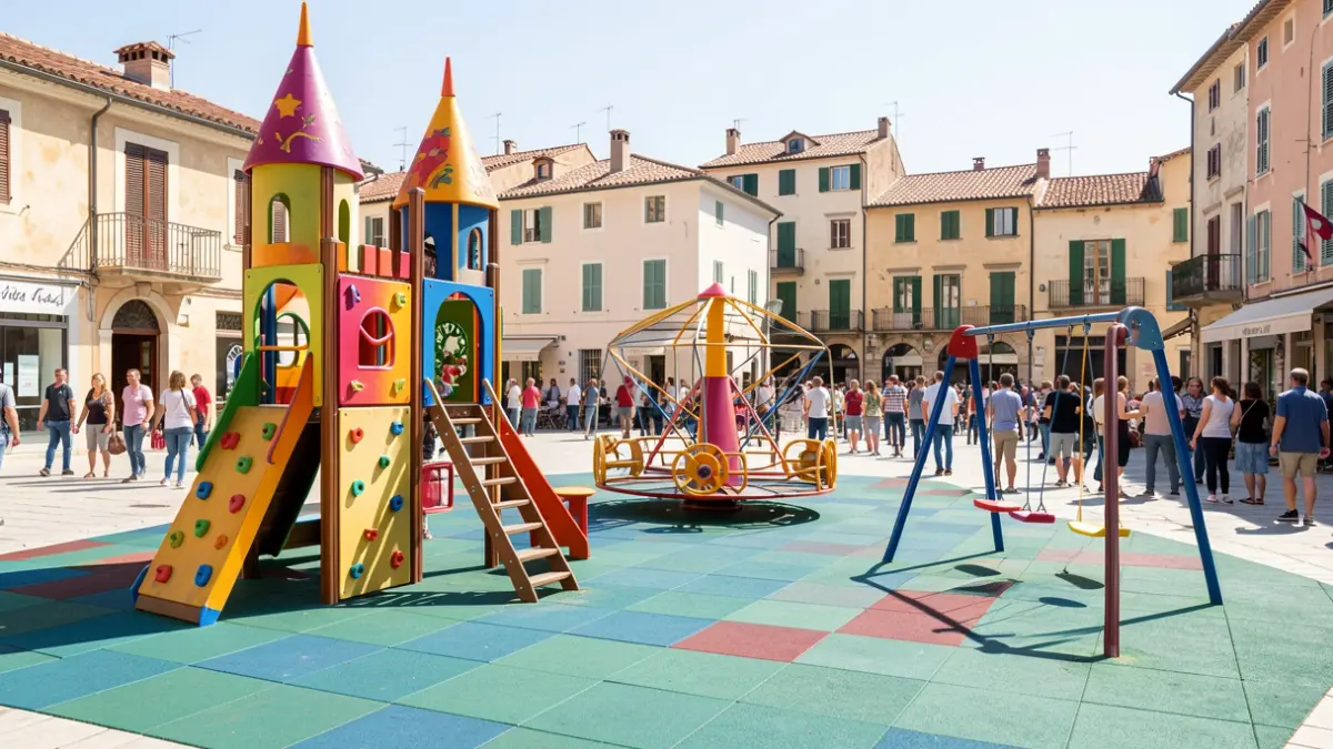 Parc infantil nou a la plaça de la Generalitat del Palau d'Anglesola amb jocs infantils i paviment de seguretat.