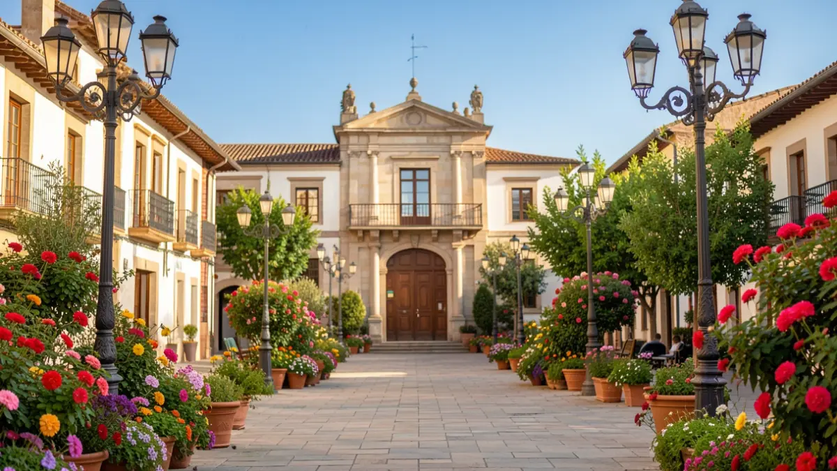 Catalan town square with flowers, urban greenery, and the town hall facade.