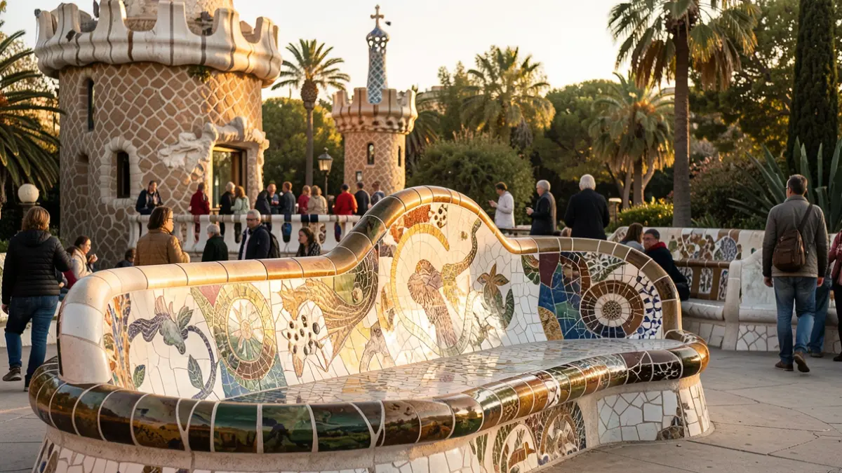 Vista exterior del Park Güell con bancos de mosaico y arquitectura icónica, bajo la luz del sol mediterráneo.
