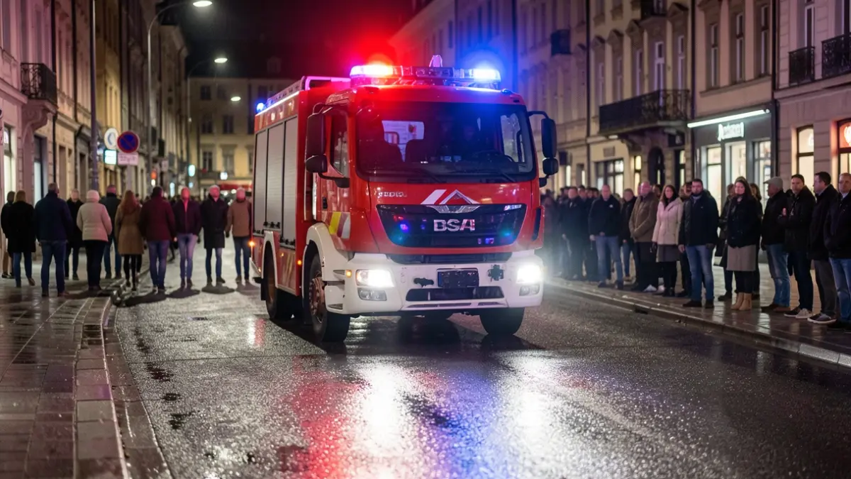 Generic image of emergency lights reflecting on wet asphalt at night.