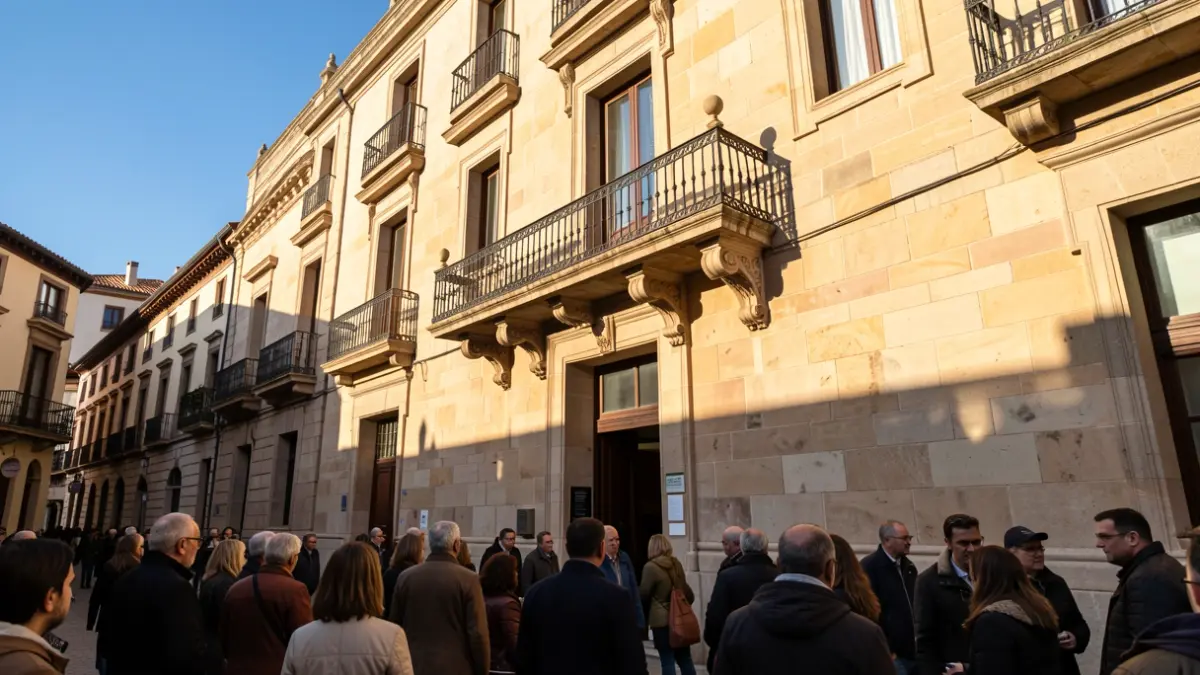 Façana d'un ajuntament català amb balcó i baranes de ferro, llum càlida de la tarda.