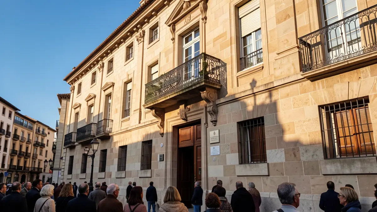 Facade of a town hall in Catalunya with a balcony and iron railings, warm afternoon light.