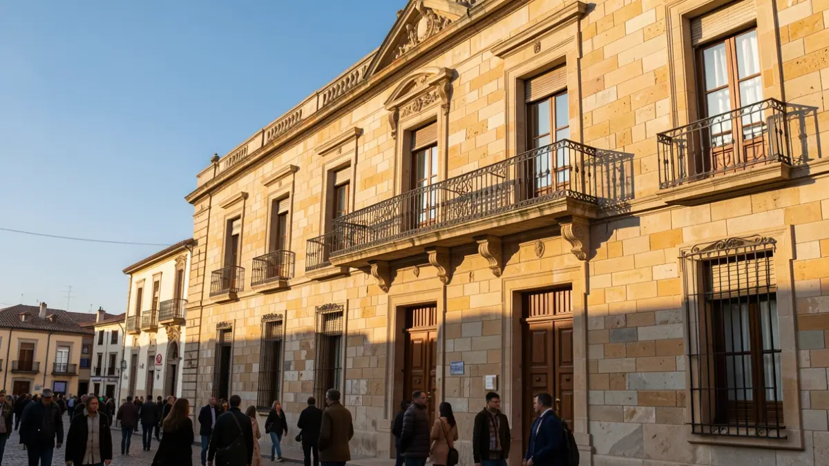 Generic image of a stone town hall facade with a balcony and iron railings, warm afternoon light, blue sky.