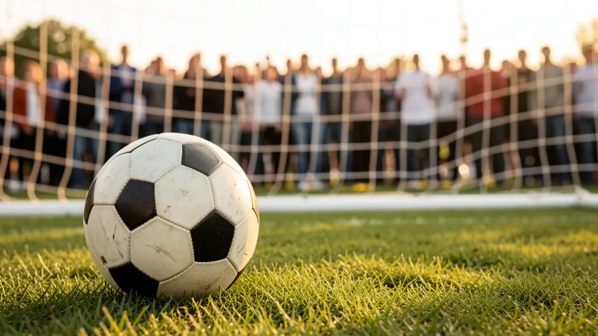 Imatge genèrica d'una pilota de futbol sobre gespa amb la porteria desenfocada al fons.