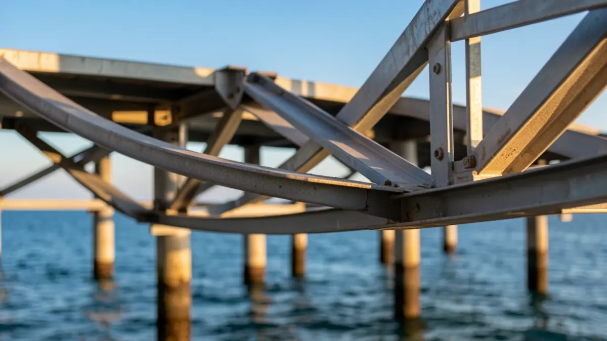 Estructura metàl·lica circular del pont del Petroli de Badalona durant la instal·lació.