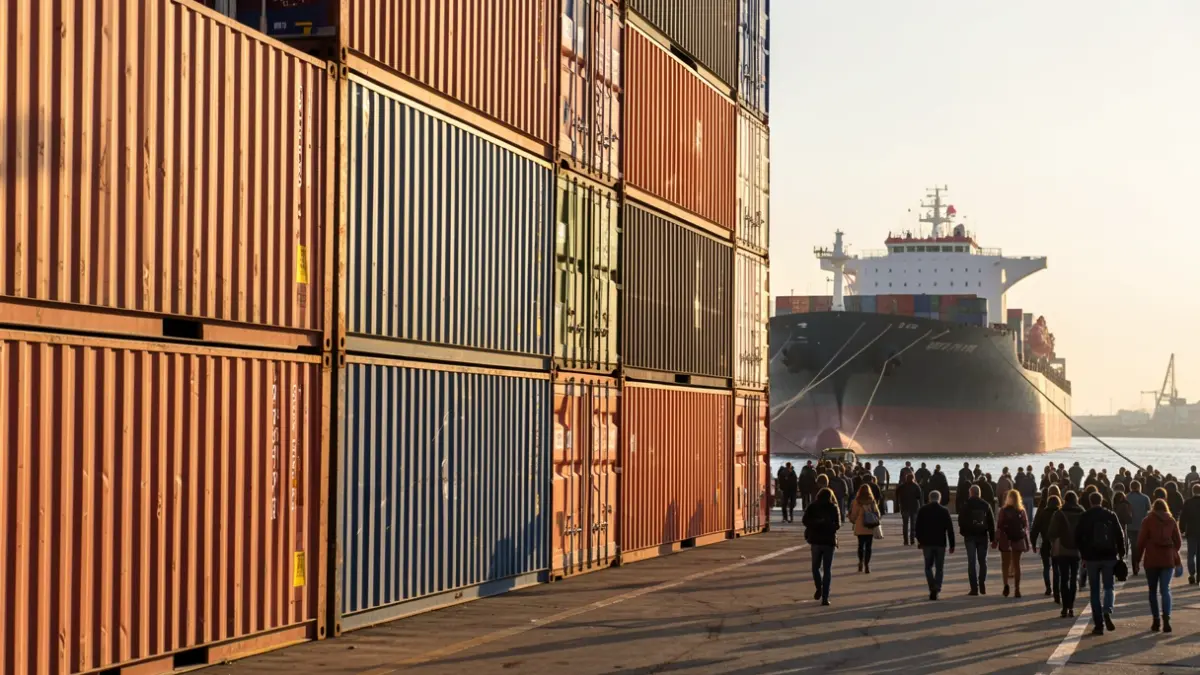 Generic image of industrial shipping containers stacked on a port dock with a cargo ship in the background.