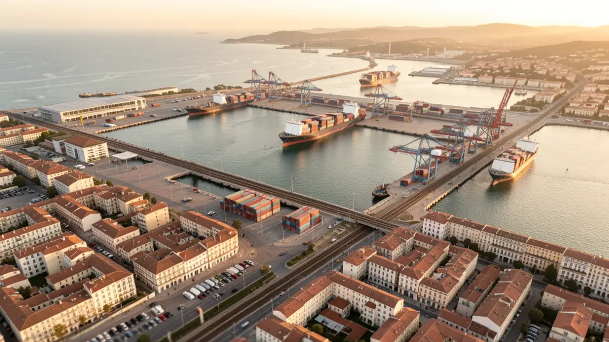 Aerial view of the Port of Tarragona with the new multipurpose terminal and railway connections.