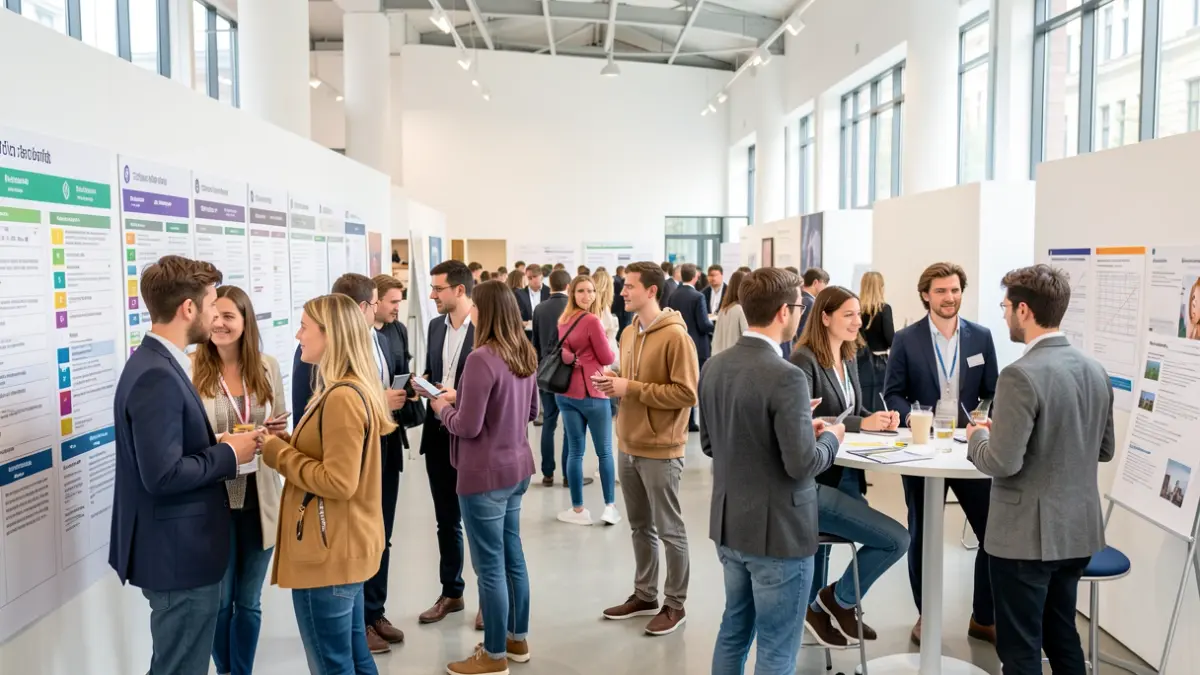 Young people and professionals interacting at a job fair with job offers and workshops.